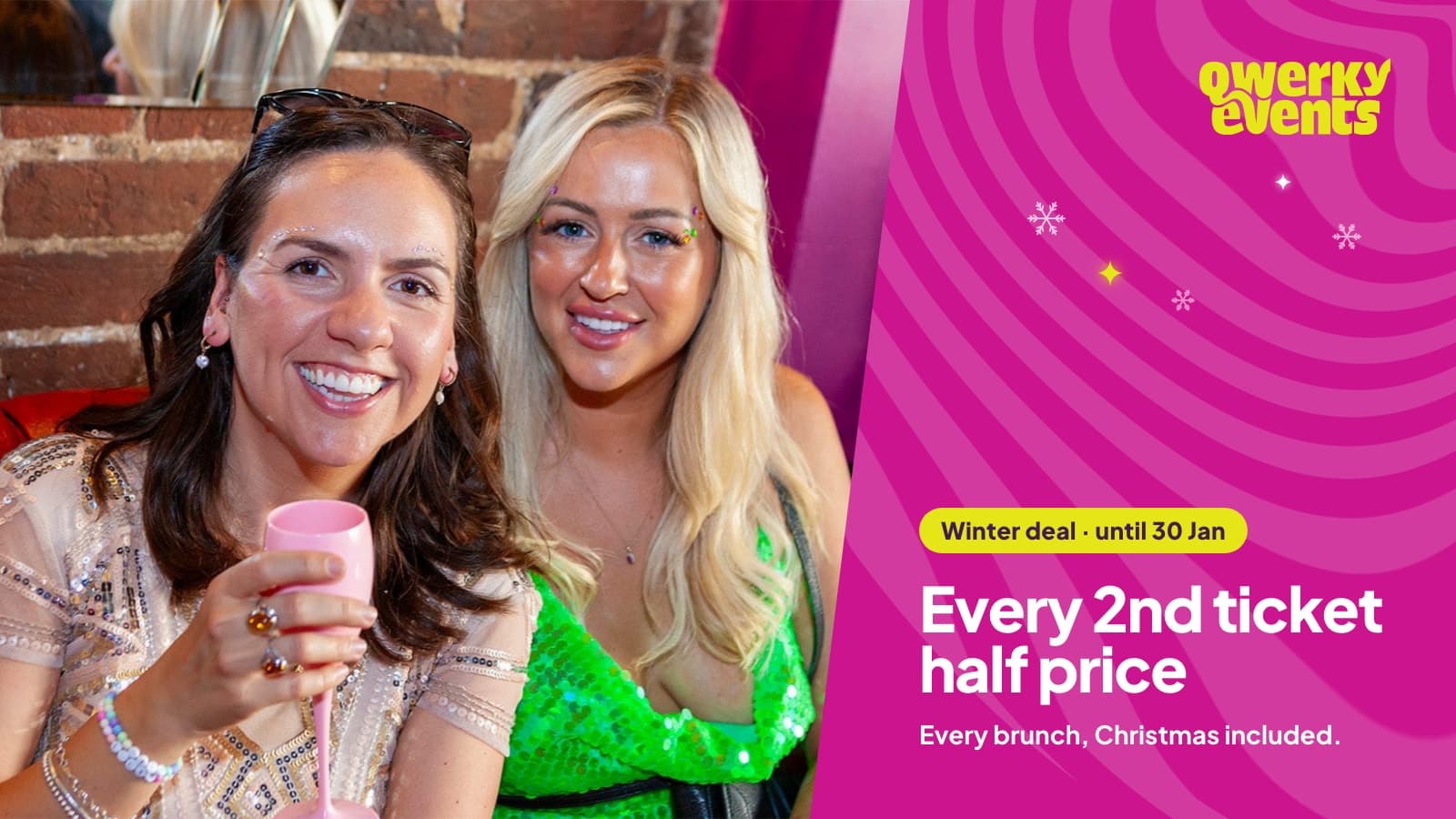 Two friends smiling together at a Qwerky Drag Brunch